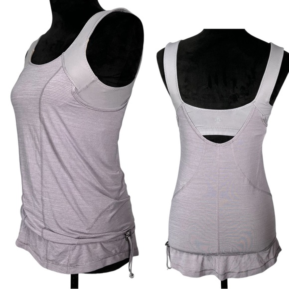 Lululemon Gray Tank Top Running Toggle Cinch Cord Layered Shelf Bra Mesh Light - Picture 1 of 15